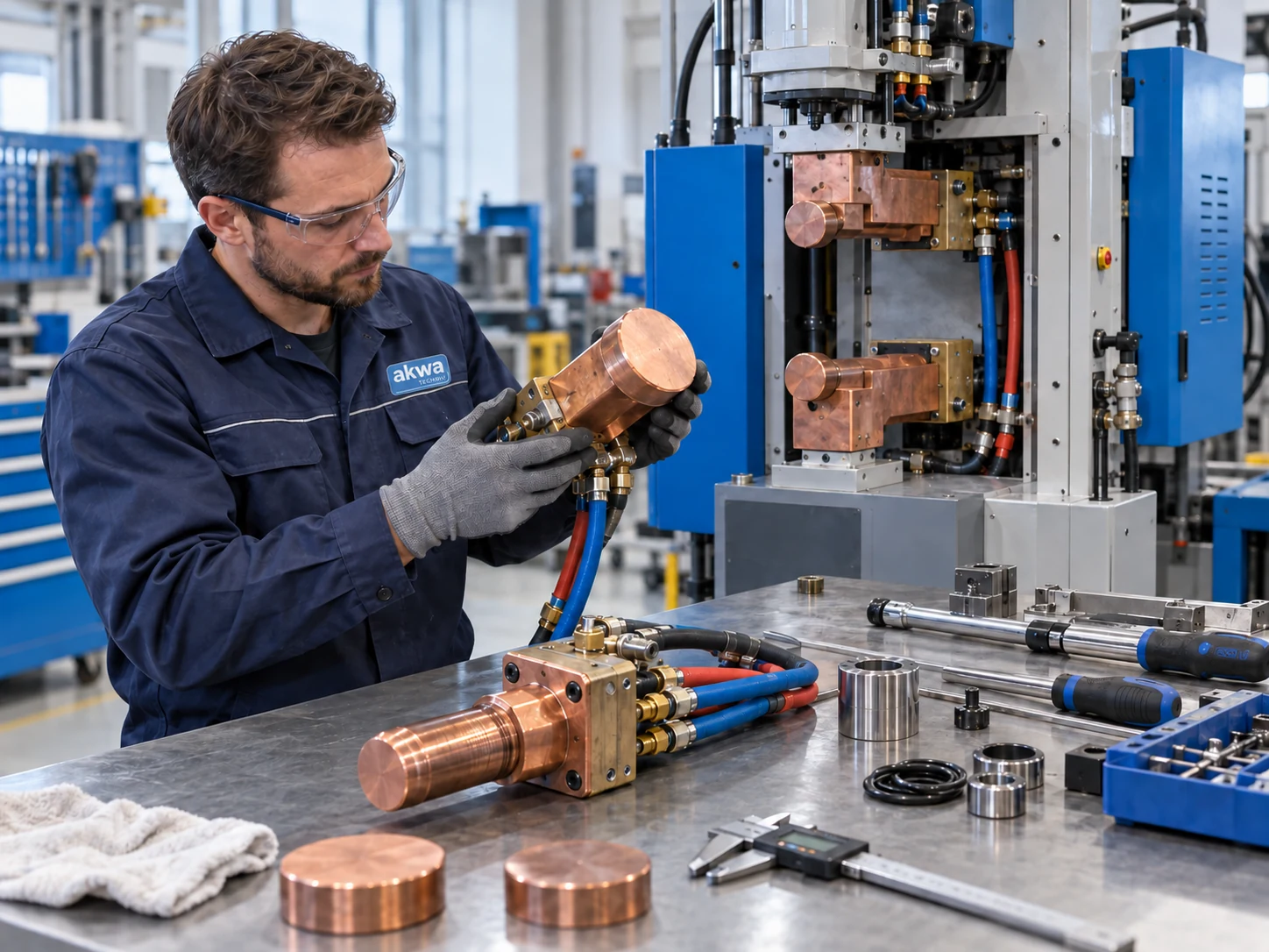 Immagine illustrativa di un tecnico che esamina un elettrodo di rame in officina