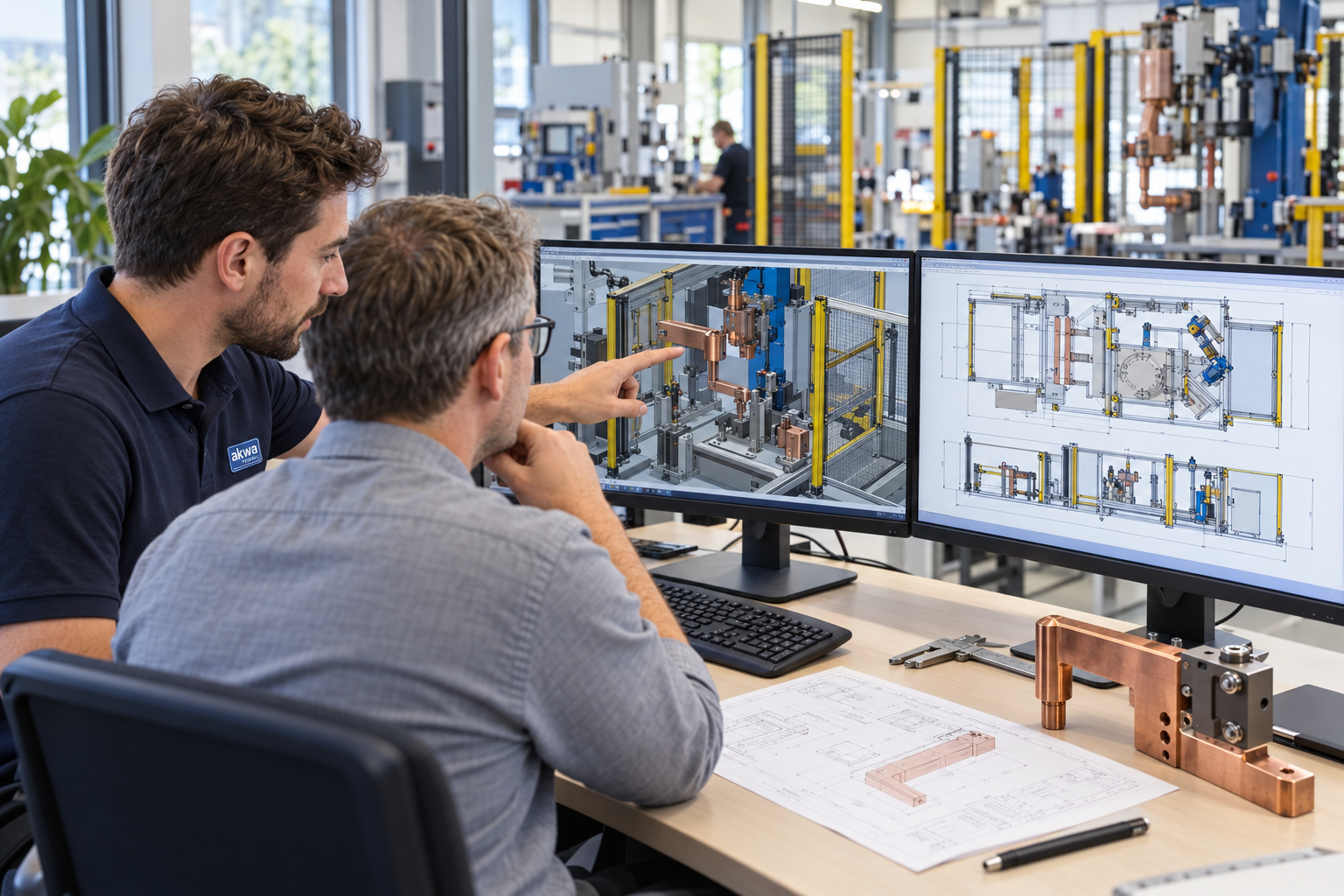 Scena illustrativa di tecnici che esaminano un progetto a schermo.