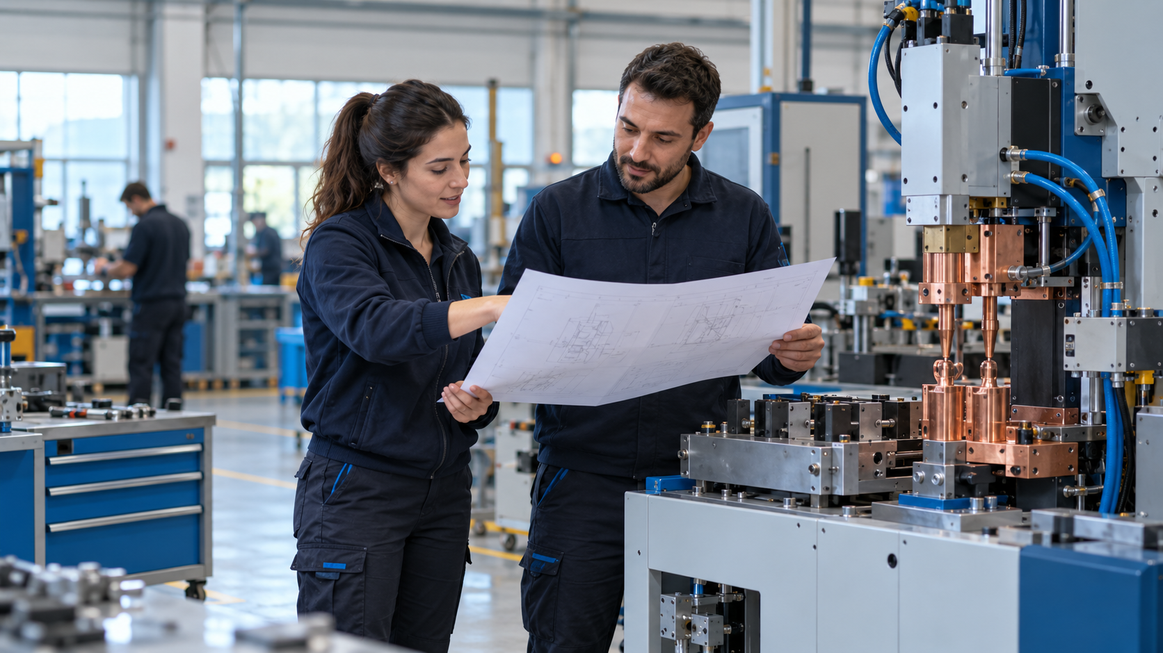 Il team di ingegneria esamina un disegno tecnico in officina