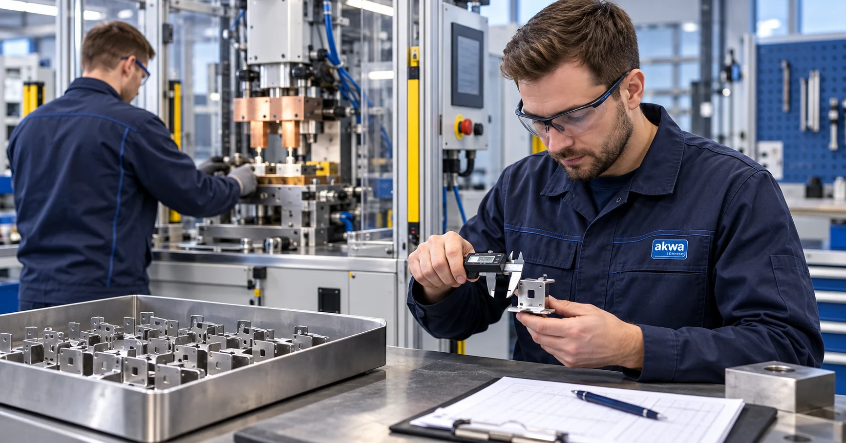 Immagine illustrativa di un addetto AKWA Technic che misura un pezzo metallico di preserie