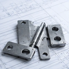 Componenti metallici su un disegno tecnico