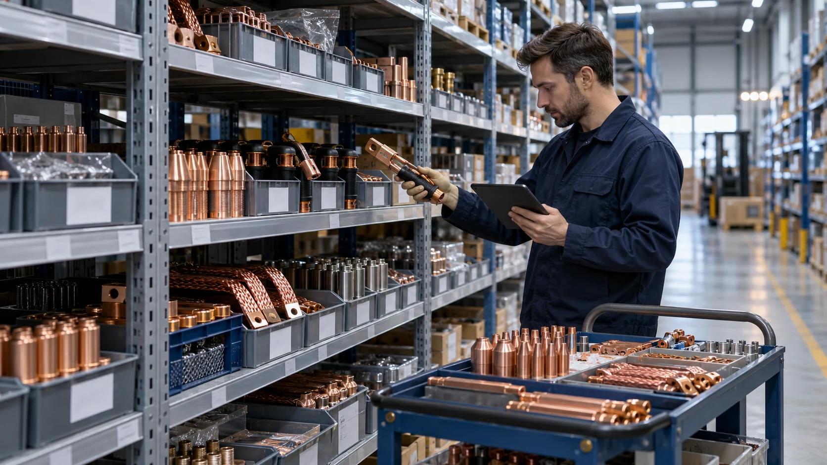 Scena illustrativa di un tecnico che seleziona un componente in magazzino.