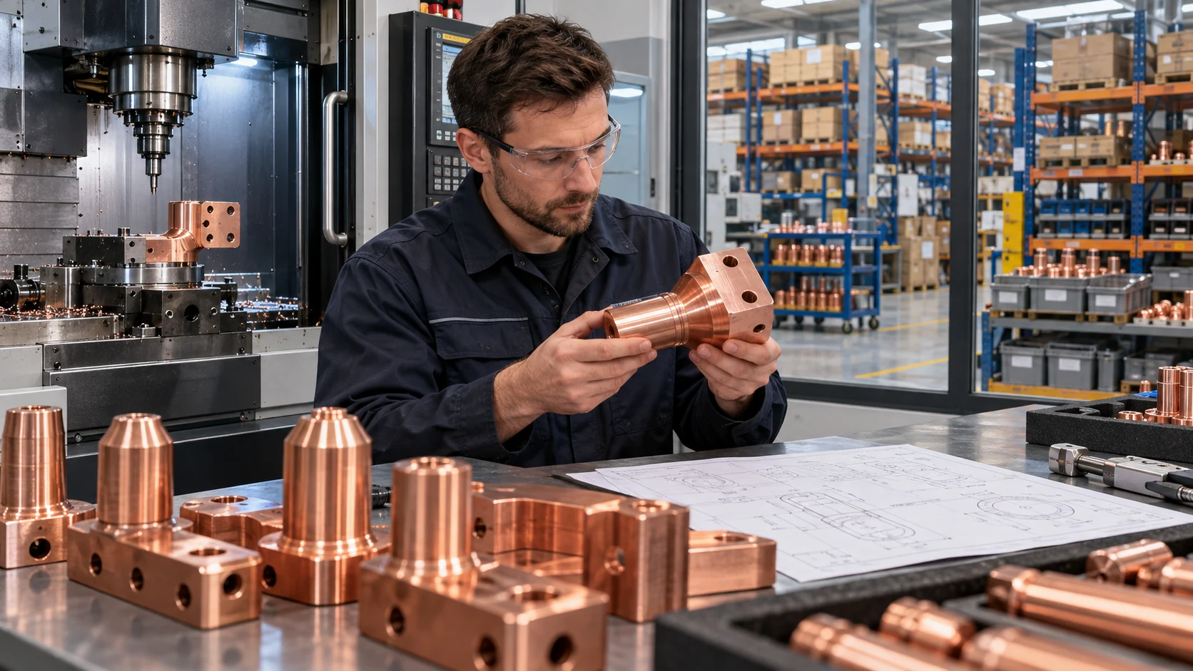 Scena illustrativa di un tecnico che controlla un componente in rame lavorato.